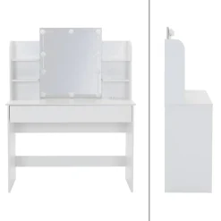 Table maquillage avec miroir et guirlande LED coiffeuse en MDF + tabouret blanc