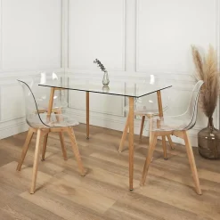 Table repas en verre pieds effet bois 115 cm