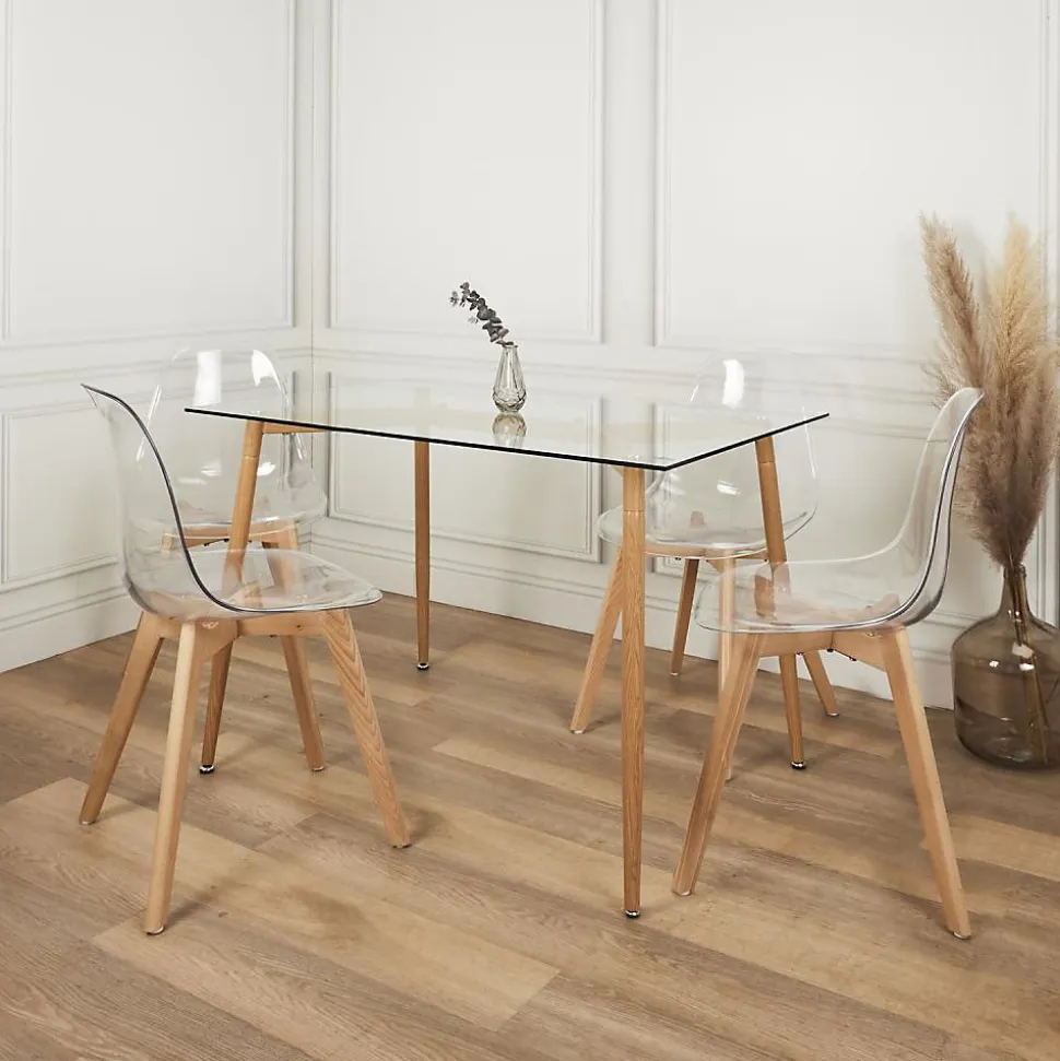 Table repas en verre pieds effet bois 115 cm