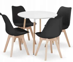 Table ronde blanche VALORA KAMI 80 avec 4 chaises noires RIXK
