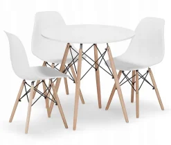 Table ronde blanche Valora KOVA 80 avec pieds en hêtre + 3 chaises OSAKA