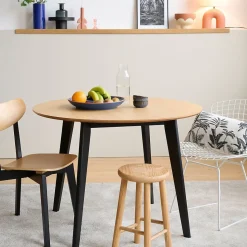 Table ronde en bois chêne/noir D105 + 4 chaises chêne/noir - LETA