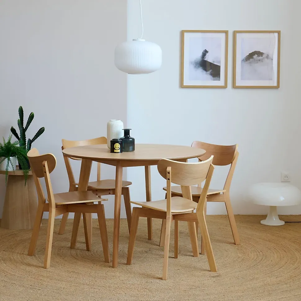 Table ronde en chêne D105 + 4 chaises chêne - LETA