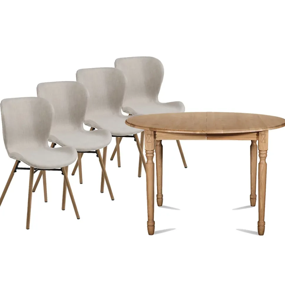 Table ronde extensible pieds tournés D105 + 4 chaises tissu - VICTORIA