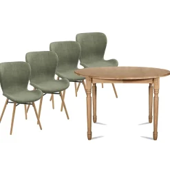 Table ronde extensible pieds tournés D115 + 4 chaises tissu - VICTORIA
