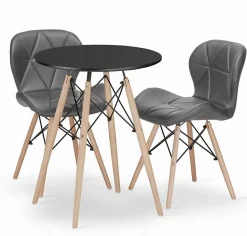 Table ronde noire VALORA KOVA 60 avec 2 chaises grises WAKO