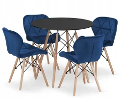 Table ronde noire VALORA KOVA 80 avec 4 chaises bleu marine WAKO