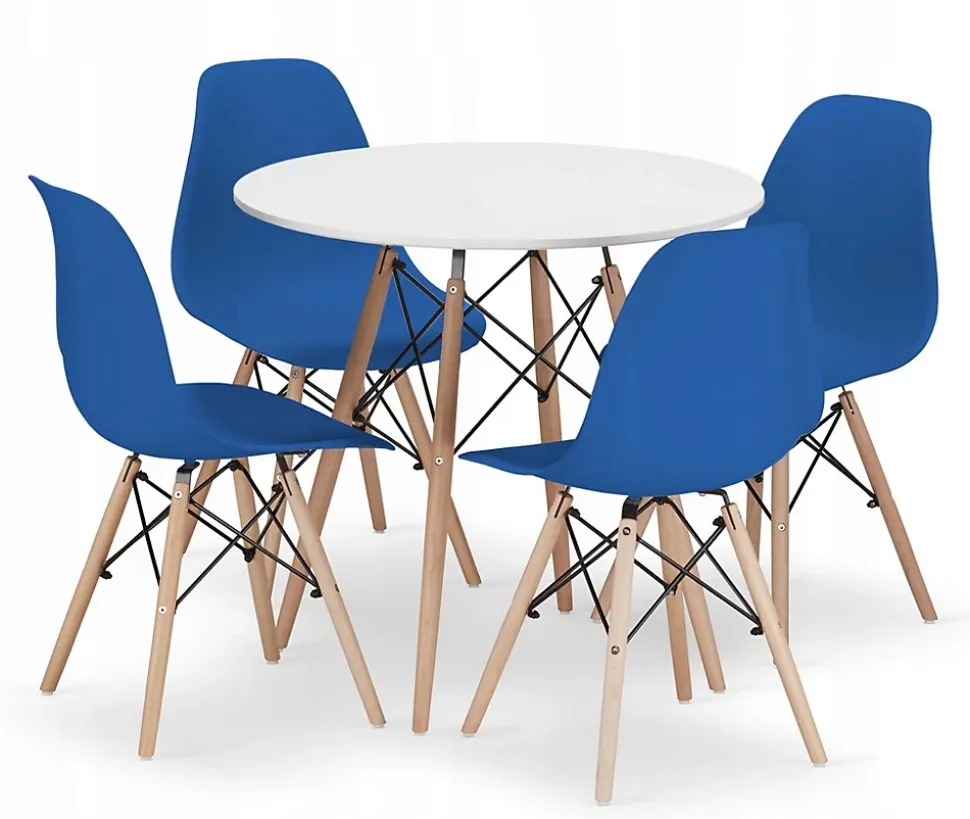 Table ronde Valora KOVA 80 blanche + 4 chaises OSAKA bleues