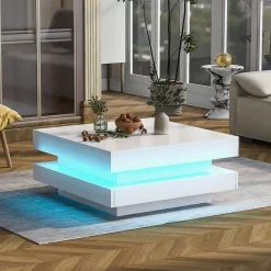 Table salon carree blanche finition brillante plateau rotatif LED 16 couleurs 70x70x36 cm style moderne techno