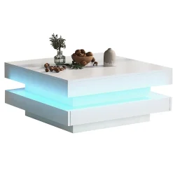 Table salon carree blanche finition brillante plateau rotatif LED 16 couleurs 70x70x36 cm style moderne techno