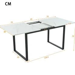 Table télescopique 140-180x80 cm avec plateau MDF et pieds en métal - Effet marbre blanc