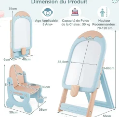Tableau Enfants Pliant avec Tabouret Enfant, Chevalet Enfants à Hauteur Ajustable Tableau Blanc Effaçable, pour 1+ Ans (Bleu)