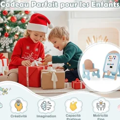 Tableau Enfants Pliant avec Tabouret Enfant, Chevalet Enfants à Hauteur Ajustable Tableau Blanc Effaçable, pour 1+ Ans (Bleu)