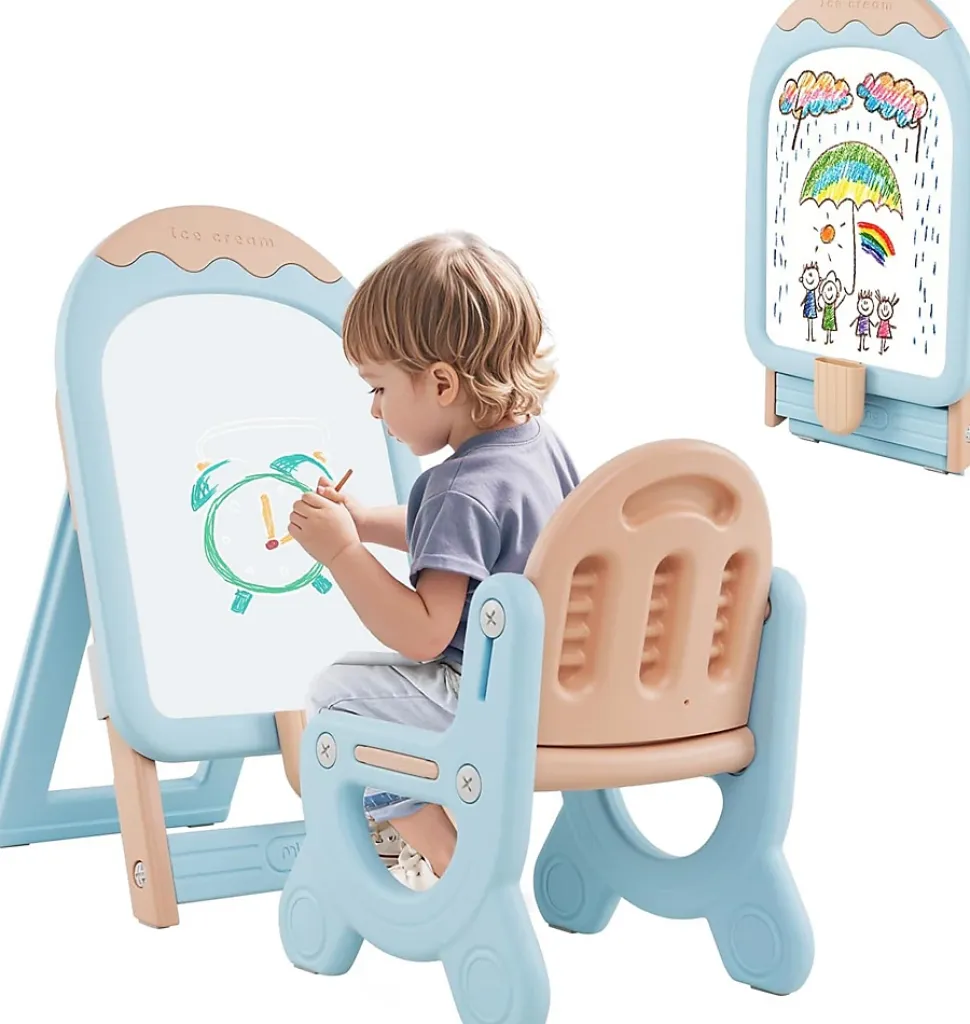 Tableau Enfants Pliant avec Tabouret Enfant, Chevalet Enfants à Hauteur Ajustable Tableau Blanc Effaçable, pour 1+ Ans (Bleu)