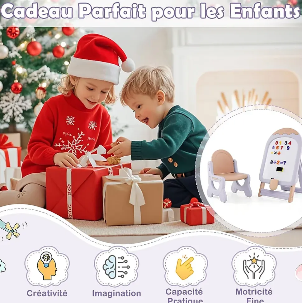 Tableau Enfants Pliant avec Tabouret Enfant, Chevalet Enfants à Hauteur Ajustable Tableau Blanc Effaçable, pour 1+ Ans (Violet)