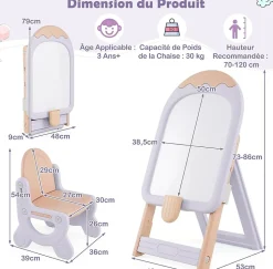 Tableau Enfants Pliant avec Tabouret Enfant, Chevalet Enfants à Hauteur Ajustable Tableau Blanc Effaçable, pour 1+ Ans (Violet)