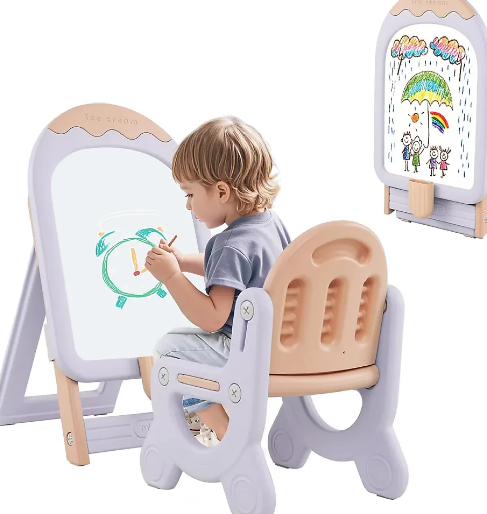 Tableau Enfants Pliant avec Tabouret Enfant, Chevalet Enfants à Hauteur Ajustable Tableau Blanc Effaçable, pour 1+ Ans (Violet)