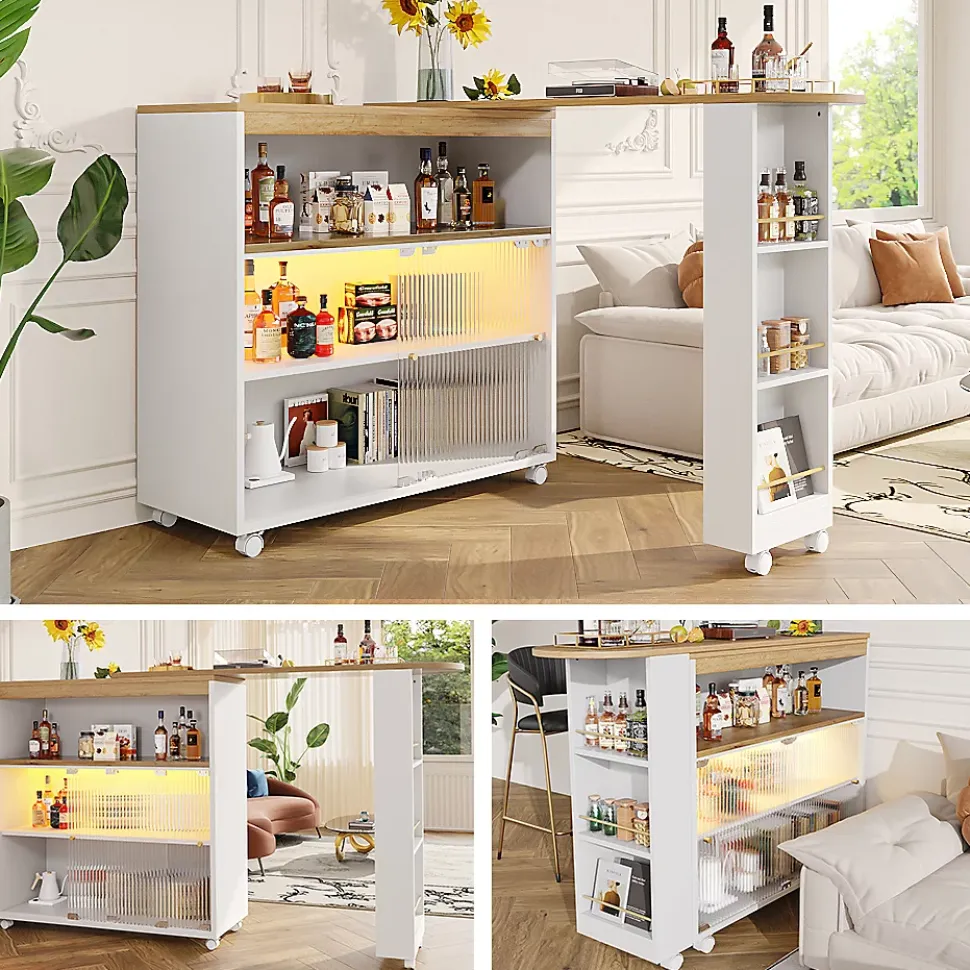 Tables Bar / Îlot de Cuisine Extensible Moderne avec LED Intégrée et Rangement, Solide MDF et Métal, Blanc, 138-204x39x105 cm