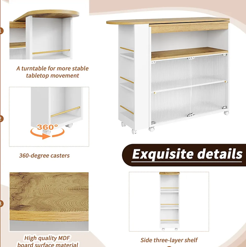 Tables Bar / Îlot de Cuisine Extensible Moderne avec LED Intégrée et Rangement, Solide MDF et Métal, Blanc, 138-204x39x105 cm