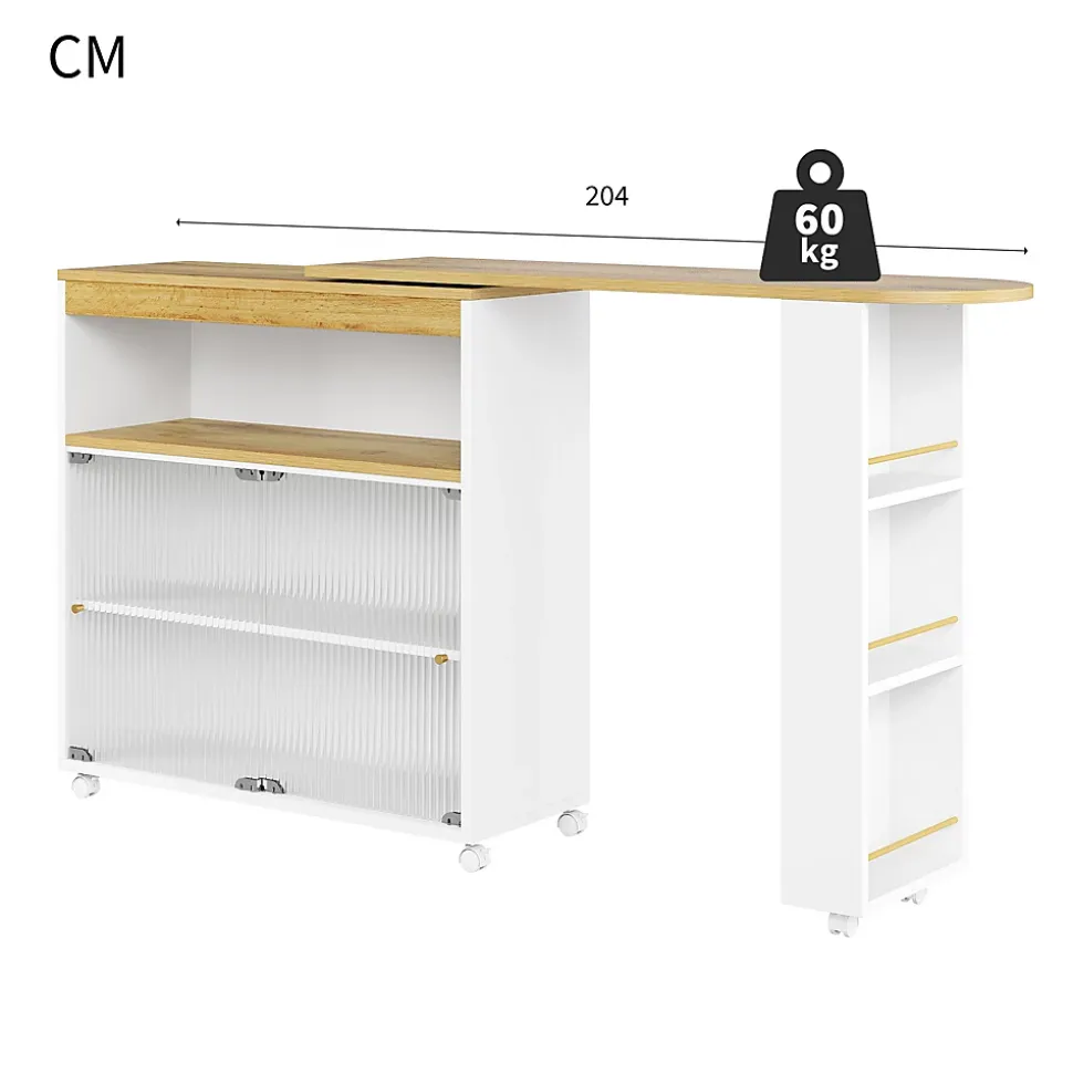 Tables Bar / Îlot de Cuisine Extensible Moderne avec LED Intégrée et Rangement, Solide MDF et Métal, Blanc, 138-204x39x105 cm