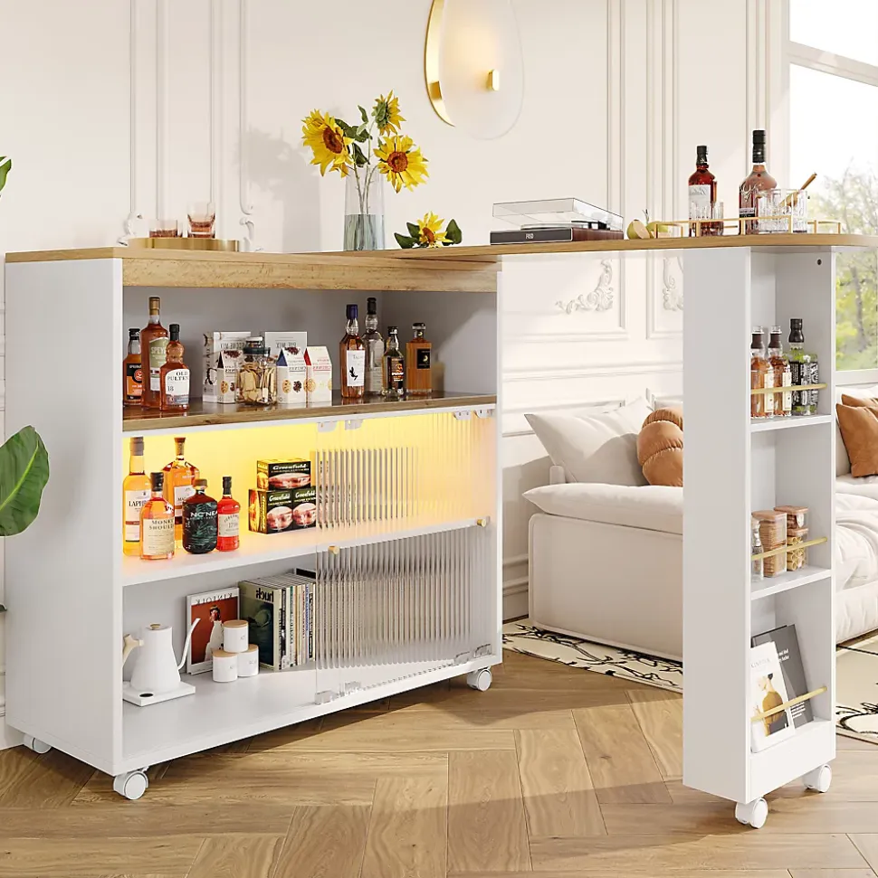 Tables Bar / Îlot de Cuisine Extensible Moderne avec LED Intégrée et Rangement, Solide MDF et Métal, Blanc, 138-204x39x105 cm