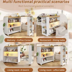 Tables Bar / Îlot de Cuisine Extensible Moderne avec LED Intégrée et Rangement, Solide MDF et Métal, Blanc, 138-204x39x105 cm