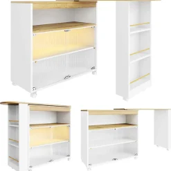 Tables Bar / Îlot de Cuisine Extensible Moderne avec LED Intégrée et Rangement, Solide MDF et Métal, Blanc, 138-204x39x105 cm