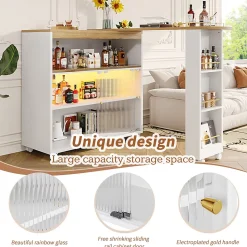 Tables Bar / Îlot de Cuisine Extensible Moderne avec LED Intégrée et Rangement, Solide MDF et Métal, Blanc, 138-204x39x105 cm