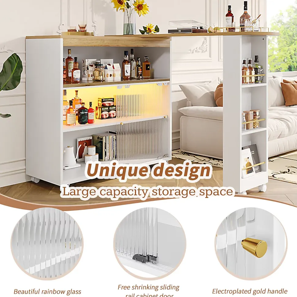 Tables Bar / Îlot de Cuisine Extensible Moderne avec LED Intégrée et Rangement, Solide MDF et Métal, Blanc, 138-204x39x105 cm