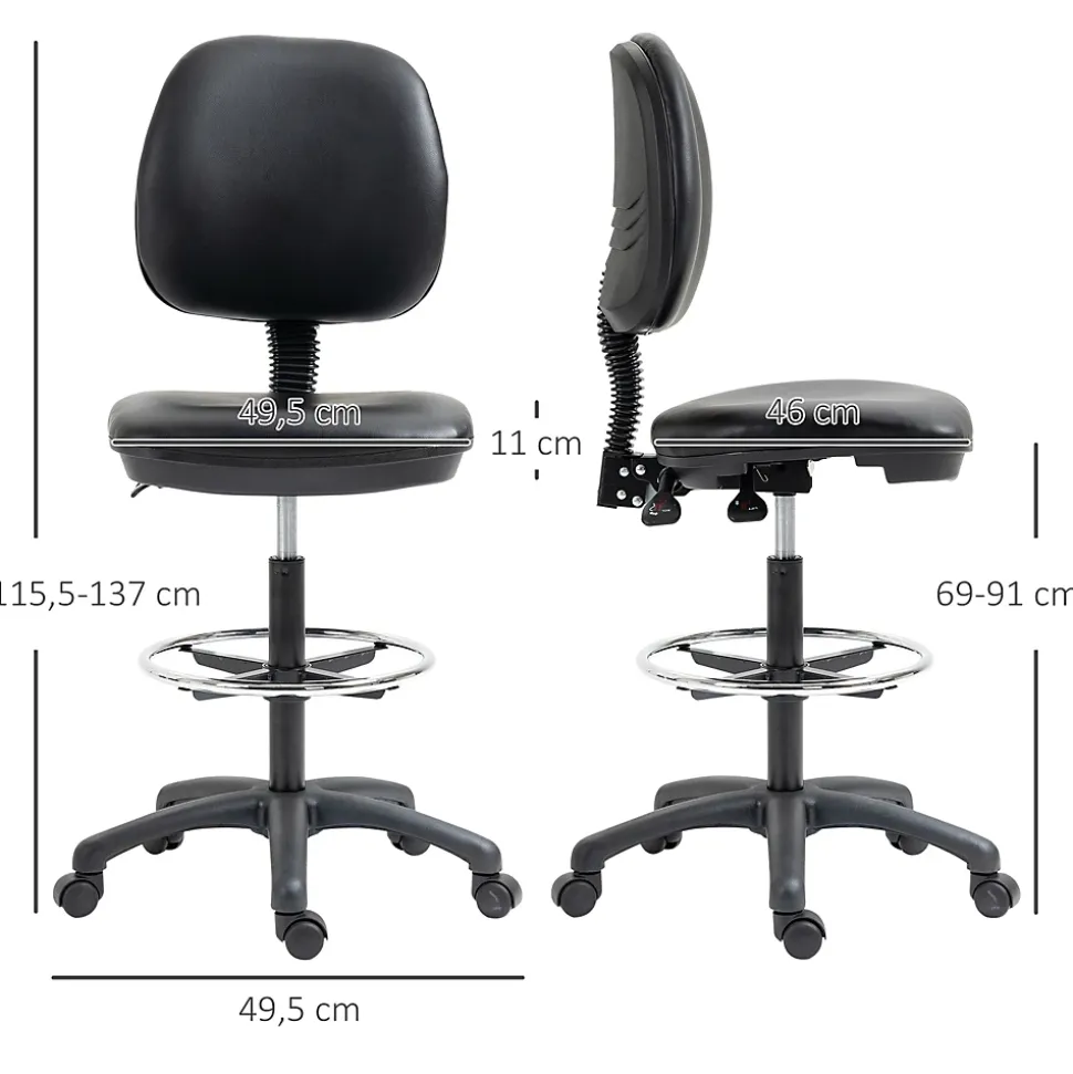 Tabouret à roulettes réglable en hauteur 69-91 cm avec dossier inclinable et repose-pieds réglable
