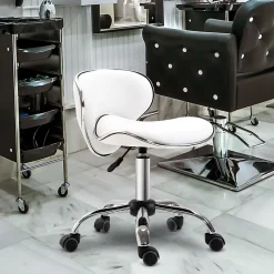 Tabouret à roulettes tabouret de travail hauteur réglable 44-56 cm avec dossier blanc