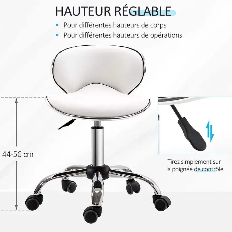Tabouret à roulettes tabouret de travail hauteur réglable 44-56 cm avec dossier blanc