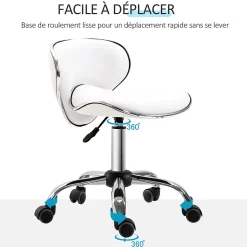 Tabouret à roulettes tabouret de travail hauteur réglable 44-56 cm avec dossier blanc