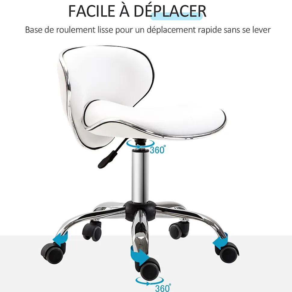 Tabouret à roulettes tabouret de travail hauteur réglable 44-56 cm avec dossier blanc