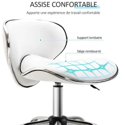Tabouret à roulettes tabouret de travail hauteur réglable 44-56 cm avec dossier blanc