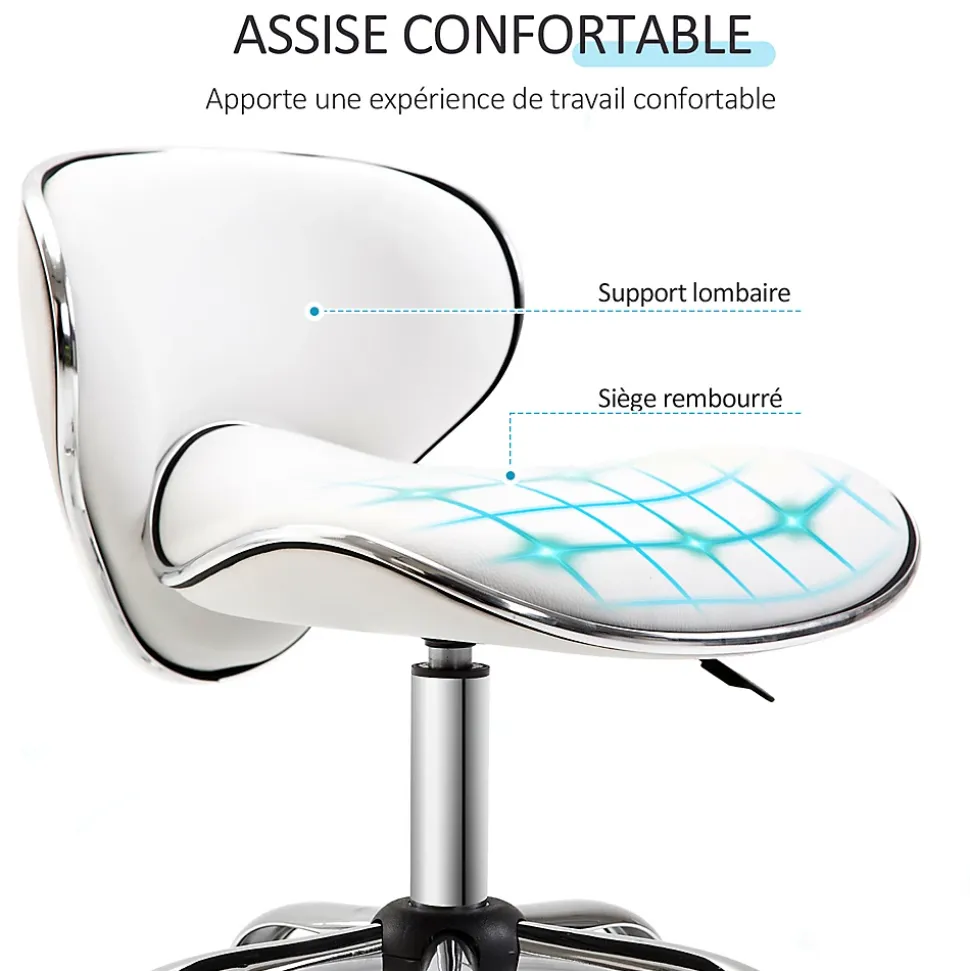 Tabouret à roulettes tabouret de travail hauteur réglable 44-56 cm avec dossier blanc