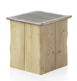 Tabouret avec assise laquée en couleur métallique et base en épicéa