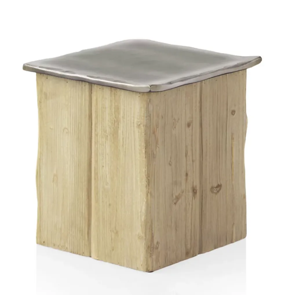 Tabouret avec assise laquée en couleur métallique et base en épicéa