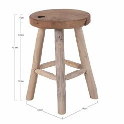 Tabouret Badia en Teck Naturel - Design Élégant et Pratique, Diam.30x45 cm avec 4 Pieds Stables