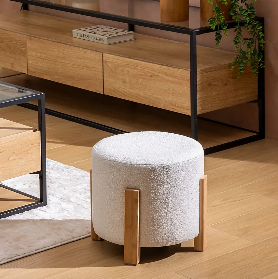 Tabouret Bansa bouclette bambou blanc D37,5x32cm - Atmosphera