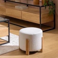 Tabouret Bansa bouclette bambou blanc D37,5x32cm - Atmosphera