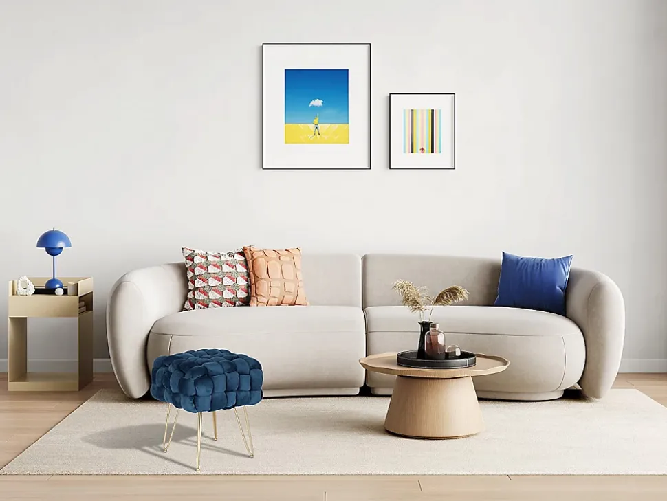 Tabouret bas en velours et métal doré - Bleu - ESMEA
