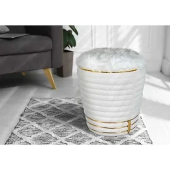 Tabouret Déco en Tissu "Doric" 50cm Blanc & Or