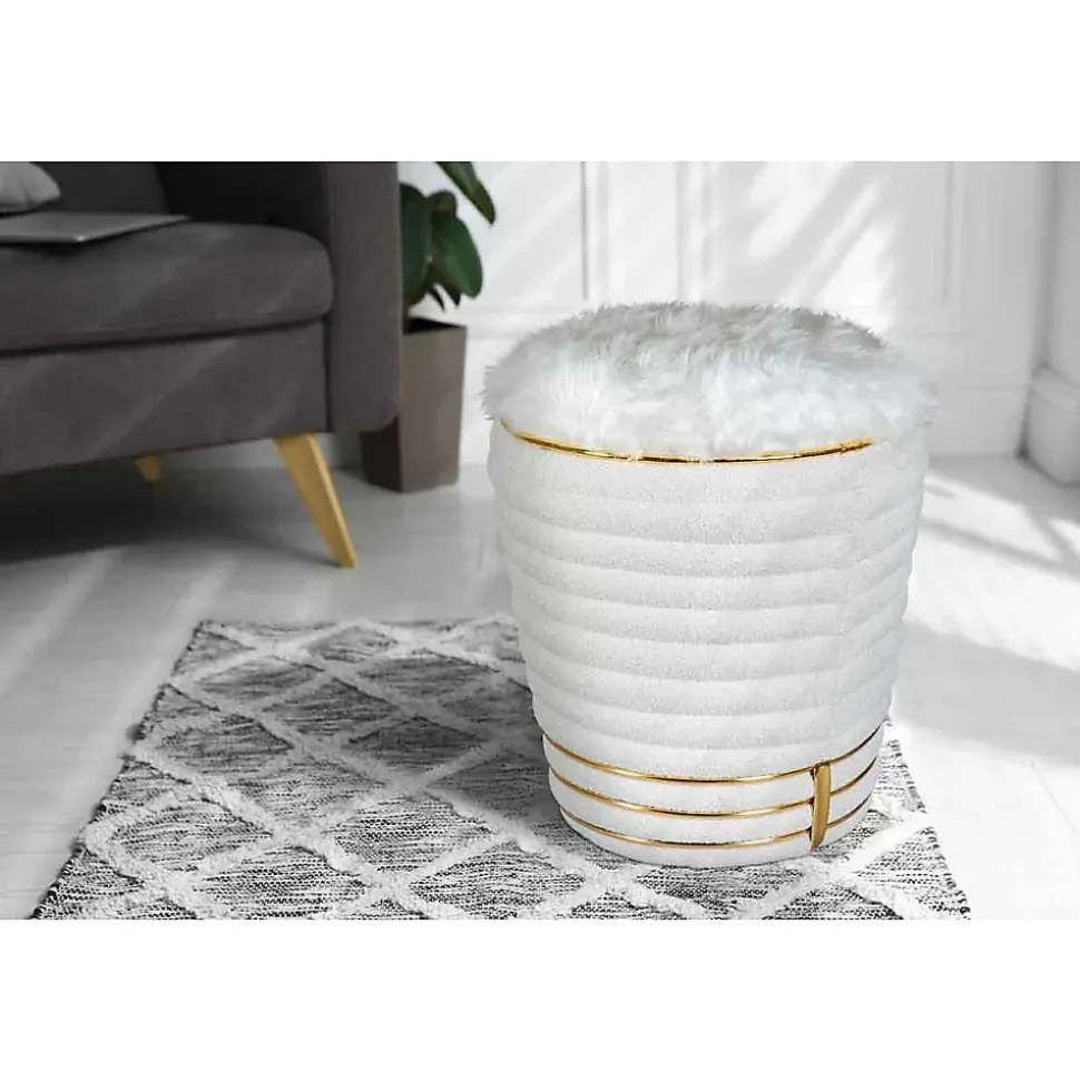 Tabouret Déco en Tissu "Doric" 50cm Blanc & Or