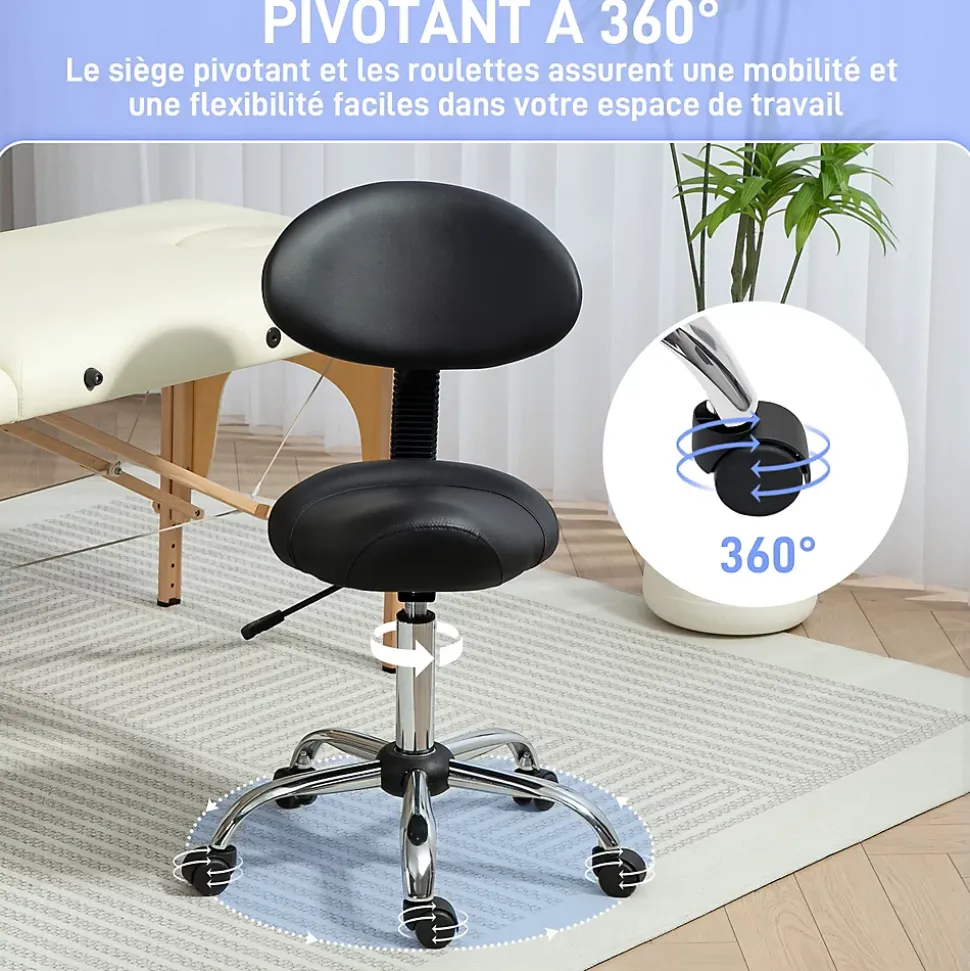 Tabouret de massage ergonomique dossier enveloppant - hauteur réglable, pivotant - piètement acier synthétique noir