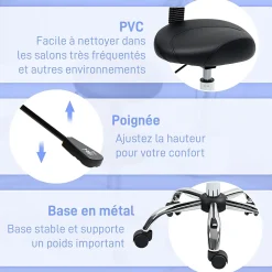 Tabouret de massage ergonomique dossier enveloppant - hauteur réglable, pivotant - piètement acier synthétique noir