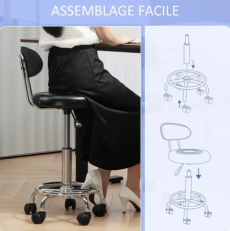 Tabouret de massage style néo-rétro avec dossier assise ronde acier chromé noir