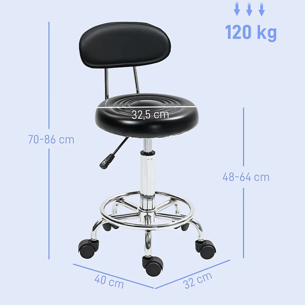 Tabouret de massage style néo-rétro avec dossier assise ronde acier chromé noir