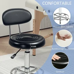 Tabouret de massage style néo-rétro avec dossier assise ronde acier chromé noir