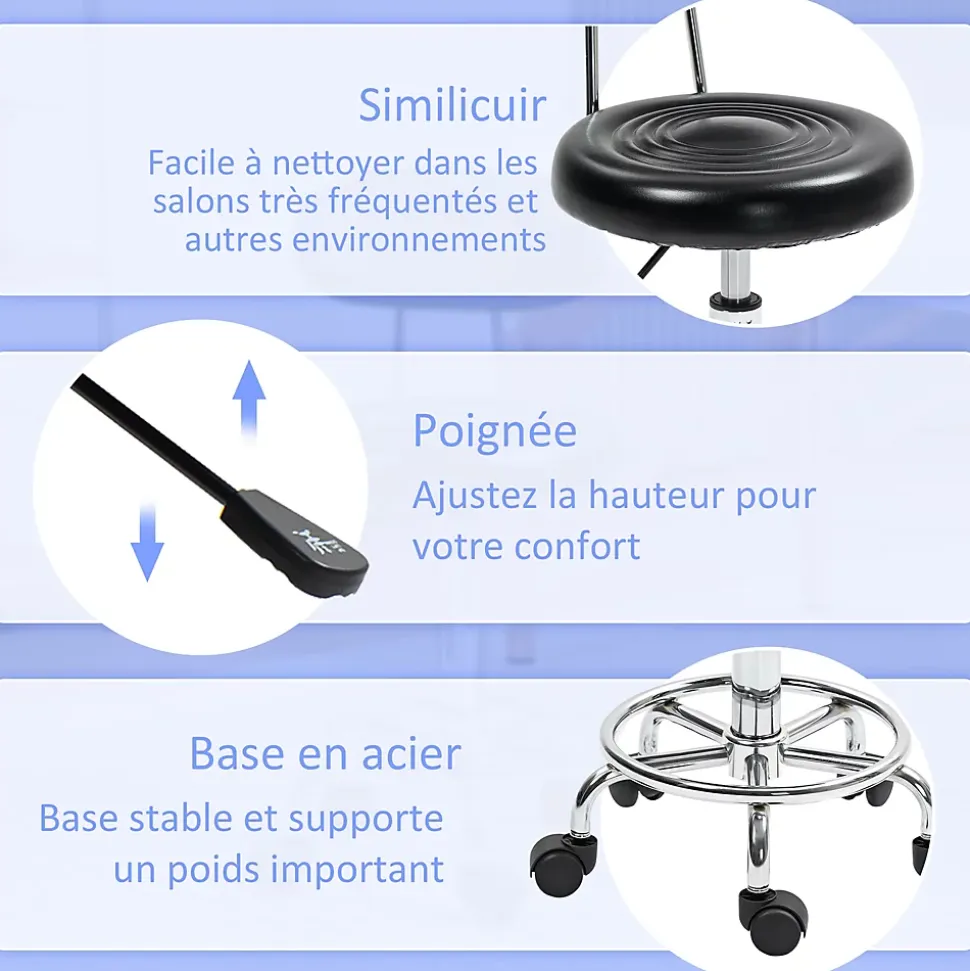Tabouret de massage style néo-rétro avec dossier assise ronde acier chromé noir